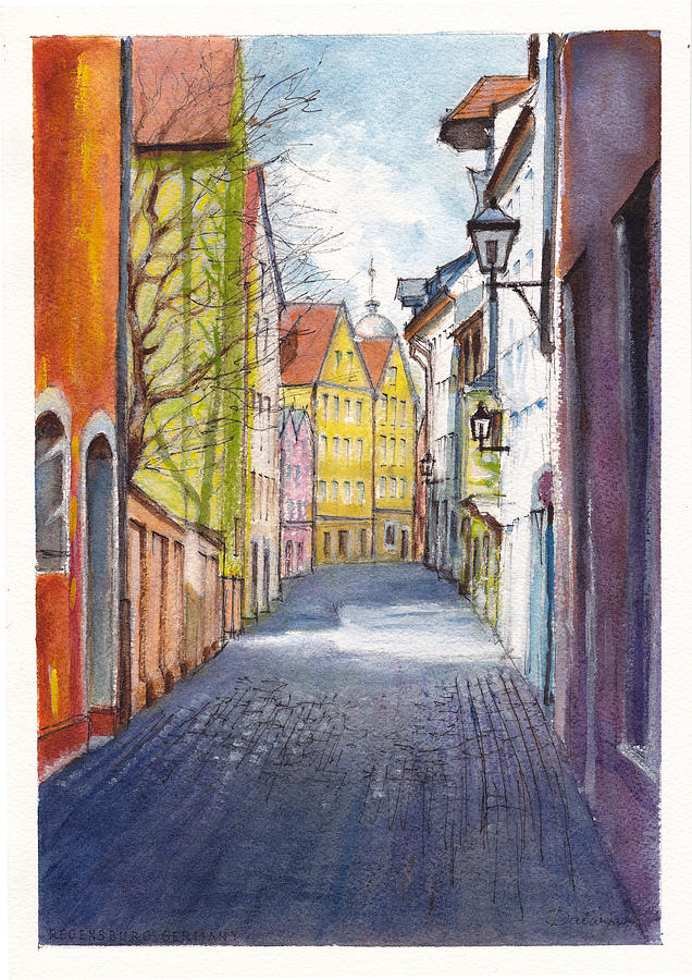 Narrow alley in Regensburg Germany Painting by Dai Wynn