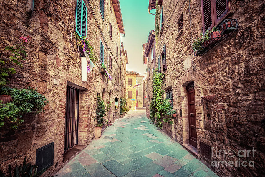 Narrow street in an old Italian town of Pienza. Tuscany, Italy. Vintage Photograph by Michal Bednarek