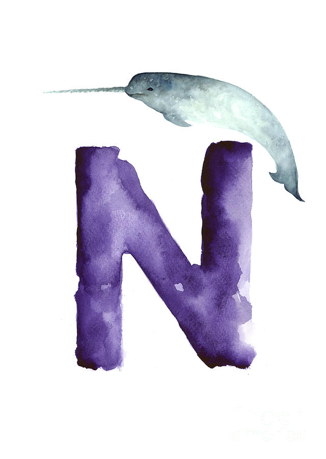 Abstract Painting - Narwahl watercolor alphabet painting by Joanna Szmerdt
