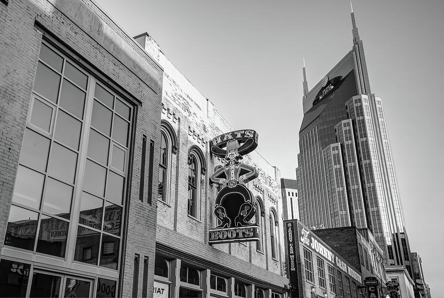 Nashville Hats And Boots Cowboy Skyline - Black And White Photograph