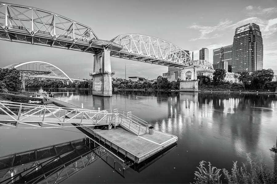 Nashville Pedestrian and Gateway Bridge at Dusk - Black and White Photograph by Gregory Ballos
