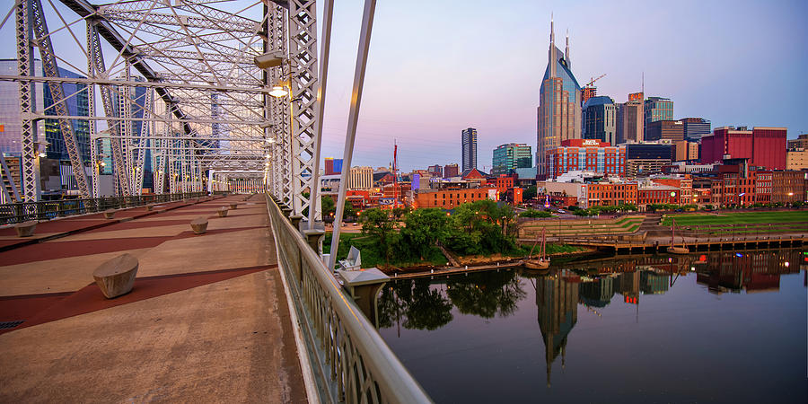 Nashville Skyline Photograph - Nashville Skyline and Pedestrian Bridge Panorama by Gregory Ballos