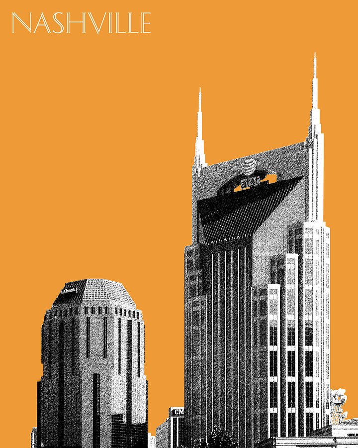 Nashville Skyline AT and T Batman Building - Orange Digital Art by DB Artist