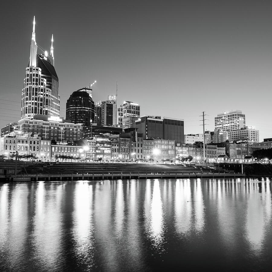 Nashville Skyline at Dusk in Black and White - Square Photograph by Gregory Ballos