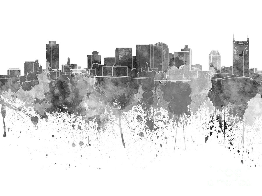 Nashville Skyline In Black Watercolor On White Background Painting By Pablo Romero