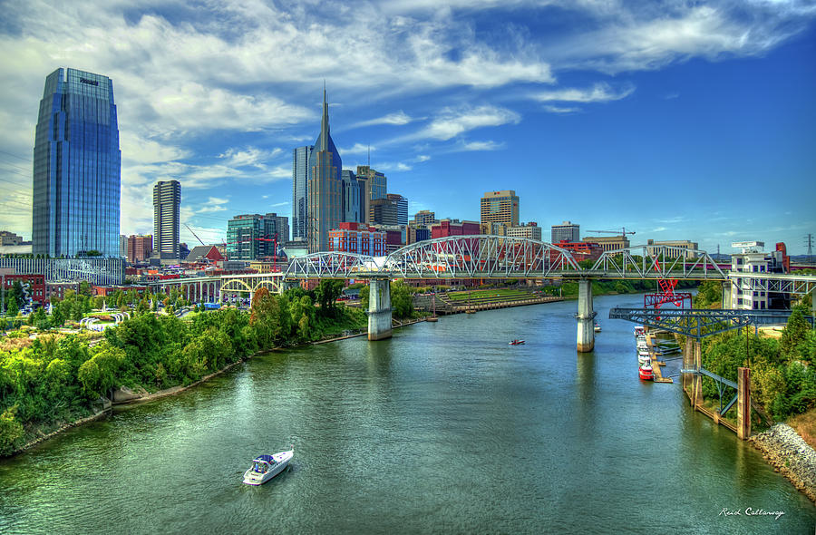 Nashville TN Skyline John Seigenthaler Pedestrian Bridge Cumberland River Cityscape Art Photograph by Reid Callaway