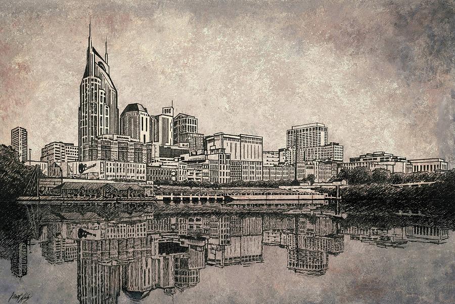 Architecture Painting - Nashville Skyline Mixed Media painting  by Janet King