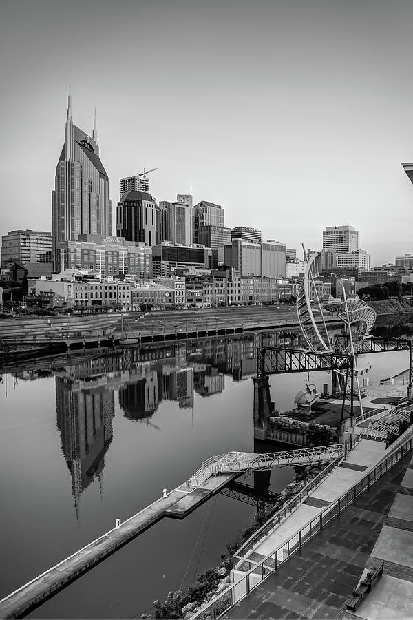 Nashville Tennessee Skyline Along The Cumberland - Black And White Photograph