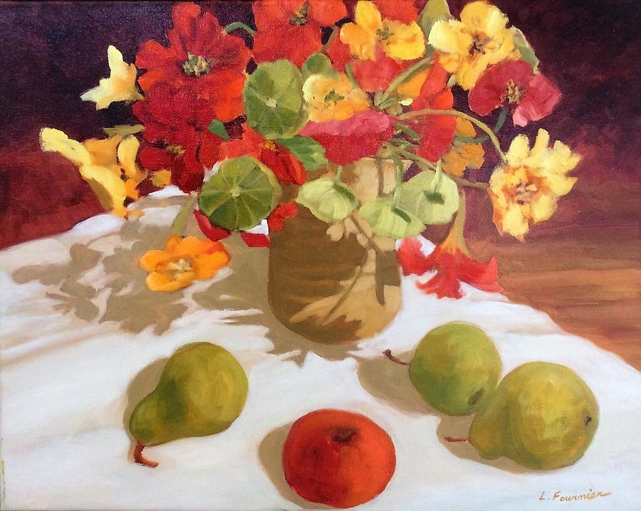 Nasturniums and fruits Painting by Liliane Fournier