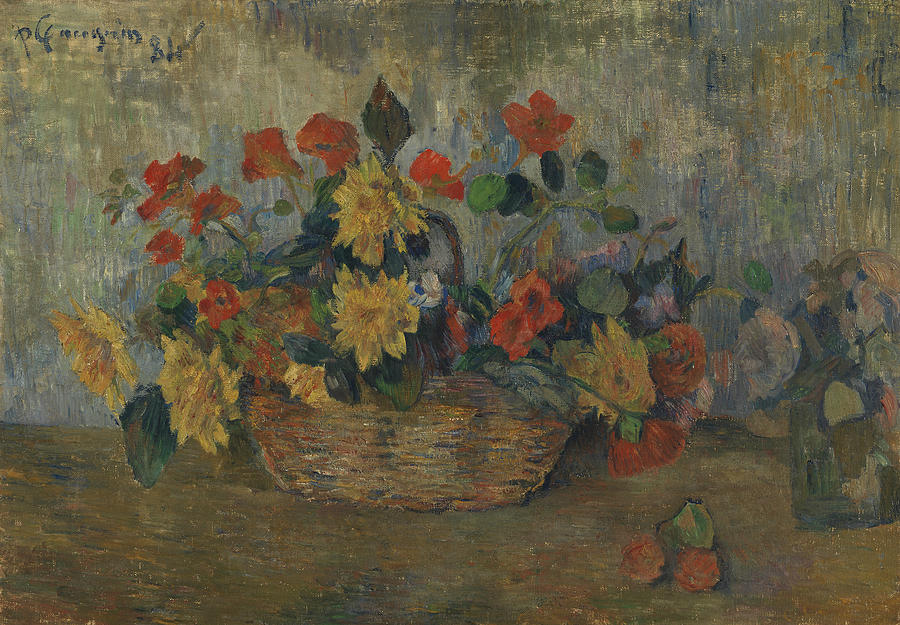 Nasturtiums and Dahlias in a Basket Painting by Paul Gauguin