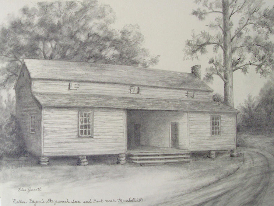 Nathan Bryans Stagecoach Inn and Bank near Marshallville Drawing by Edna Garrett