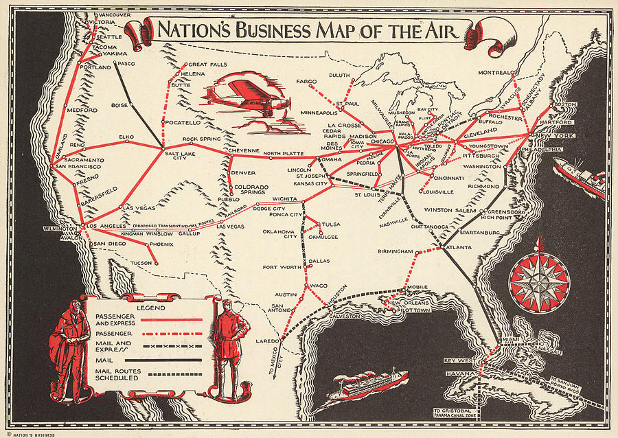 Nations Business Map Of The Air - North America - Air Routes - Vintage Illustrated Map Mixed Media