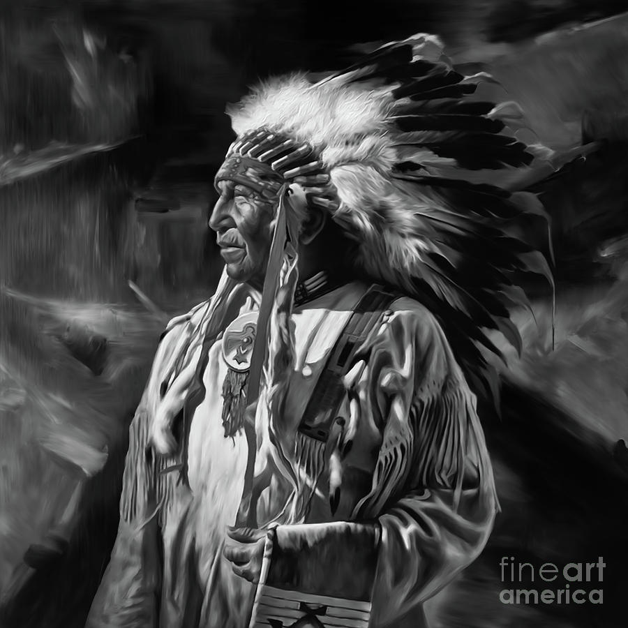 Native American art black and white 01 Painting by Gull G