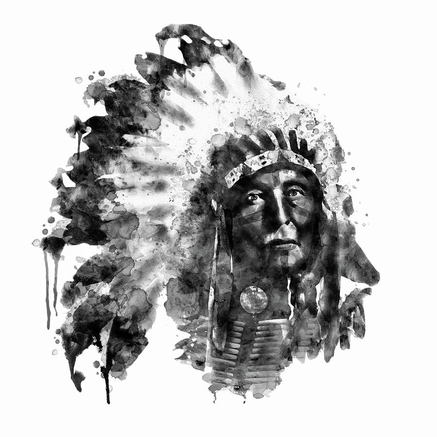 Native American Chief Black and White Painting by Marian Voicu