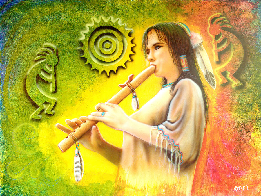 Native American Flute Player Painting by Amatzia Baruchi