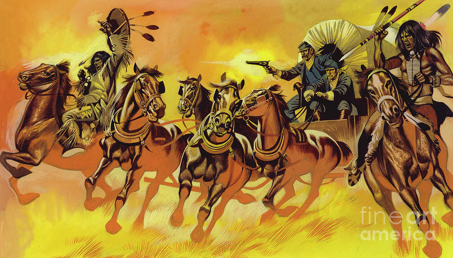 Native American Indians attacking wagon belonging to settlers Painting by Ron Embleton