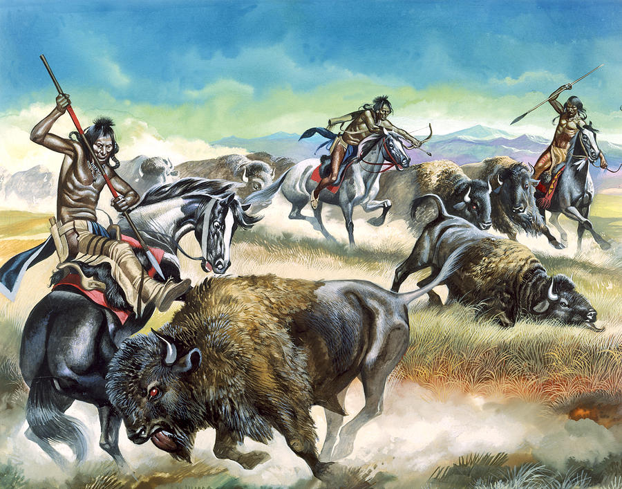 Bison Painting - Native American Indians killing American Bison by Ron Embleton