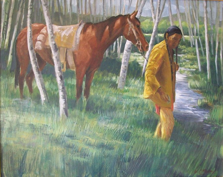 Native American Leading Horse Painting by Perrys Fine Art