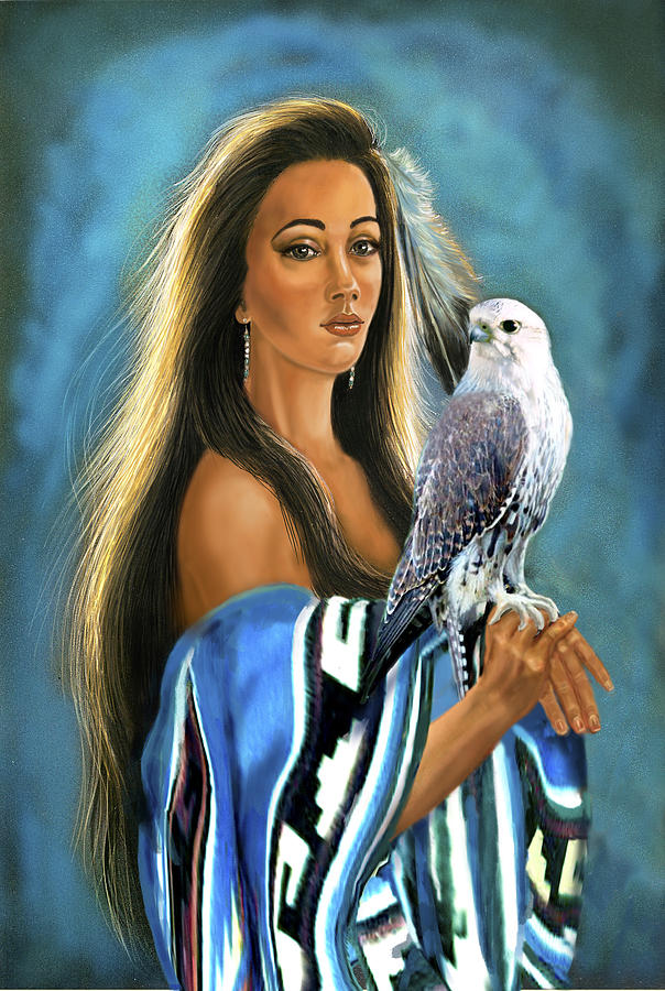 Native American maiden with falcon Painting by Regina Femrite
