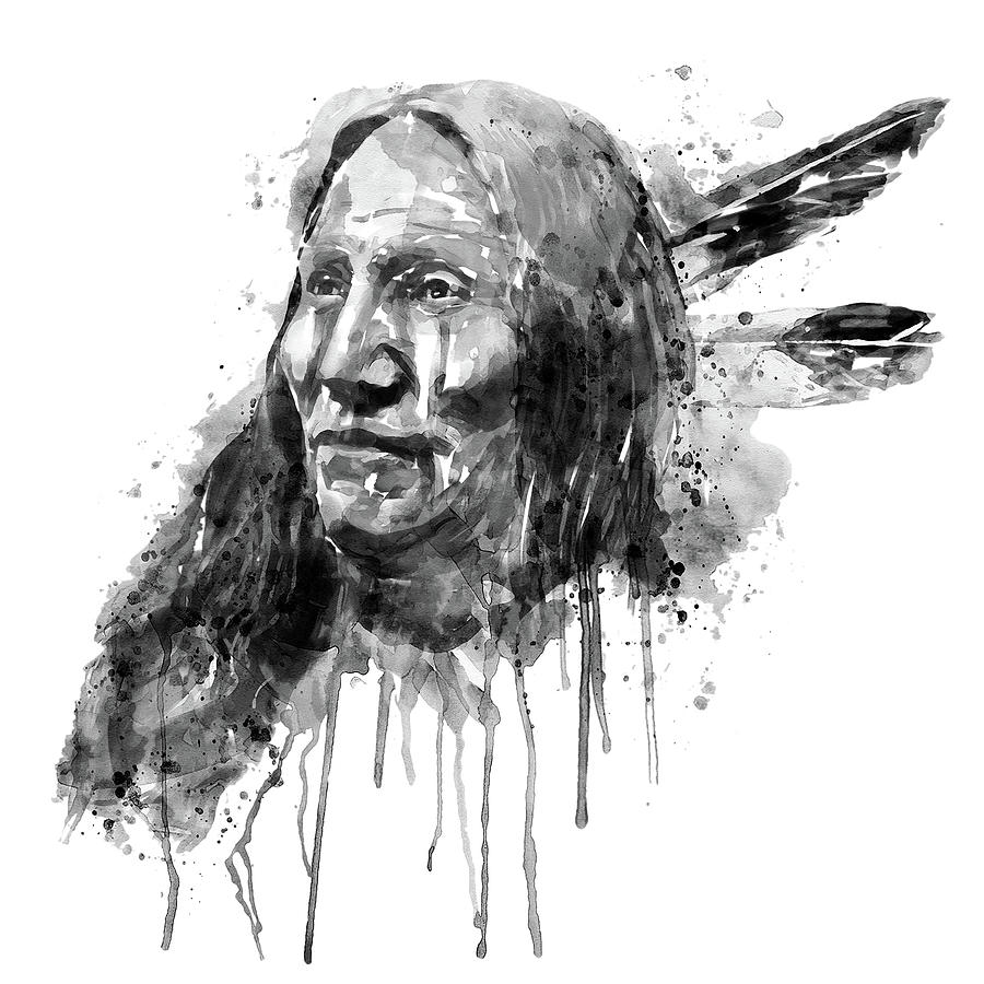 Native American Portrait Black and White Painting by Marian Voicu