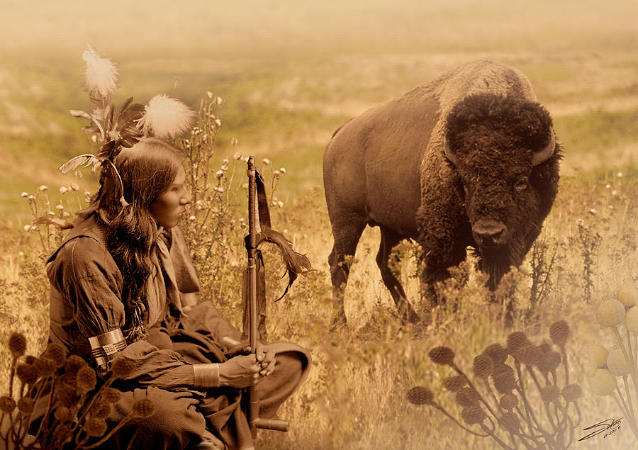 Bison Digital Art - Native American Sioux And Bison by M Spadecaller