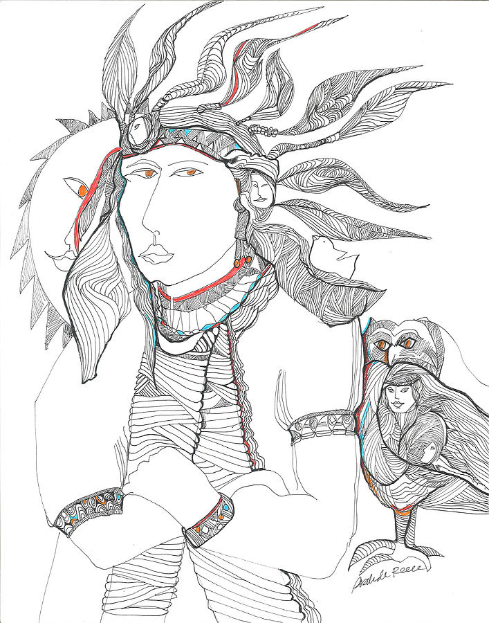 Indigenous American with Owl Drawing by Rosalinde Reece