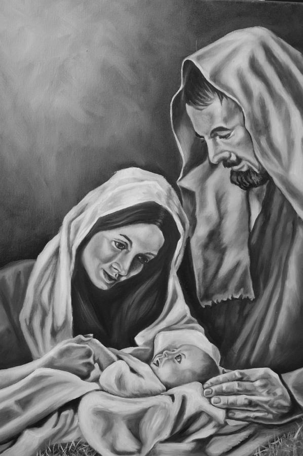 Nativity in Black and White Painting by Theresa Cangelosi
