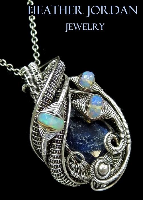 Heather Jordan Jewelry - Natural Blue Sapphire Wire-Wrapped Pendant in Antiqued Sterling Silver with Ethiopian Welo Opals by Heather Jordan