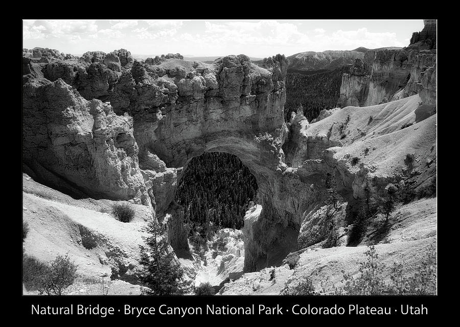 Natural Bridge Bryce Canyon National Park Utah BW Text Black Photograph by Thomas Woolworth