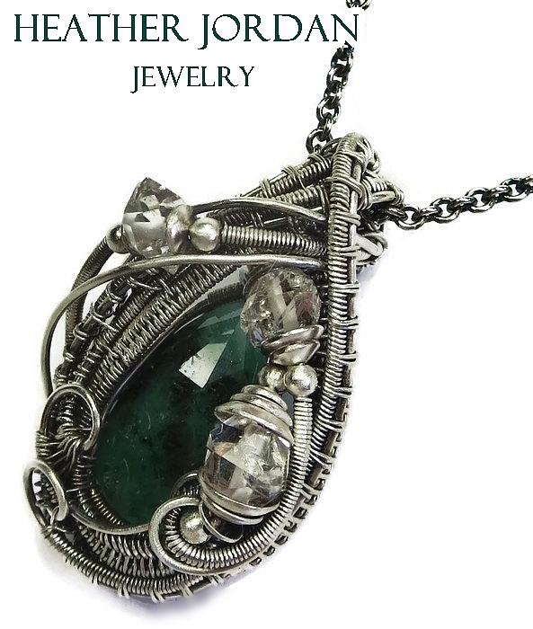 Heather Jordan Jewelry - Natural Emerald Wire-Wrapped Pendant Necklace in Sterling Silver with Herkimer Diamonds by Heather Jordan