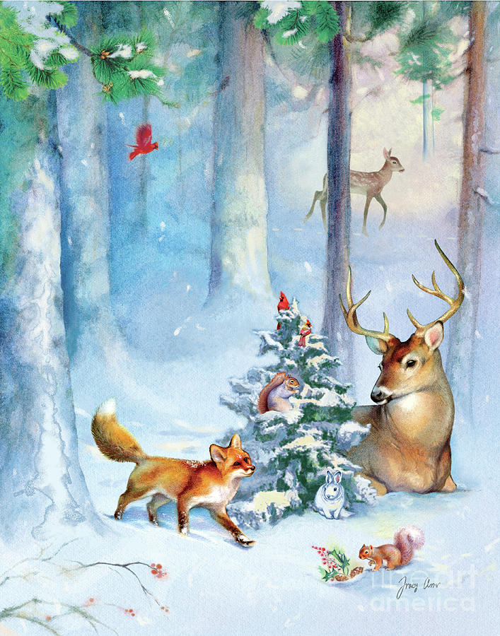 Christmas Painting - Natures Christmas, Woodland Animals by Tracy Herrmann