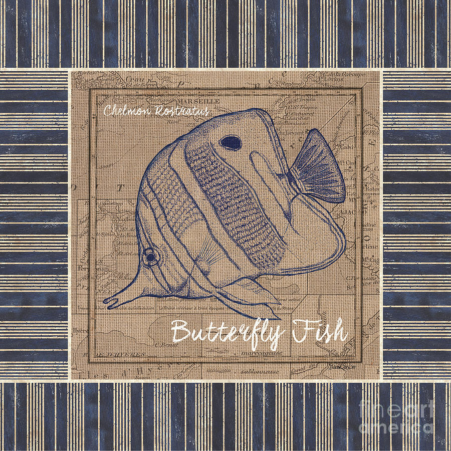 Nautical Stripes Butterfly Fish Painting by Debbie DeWitt
