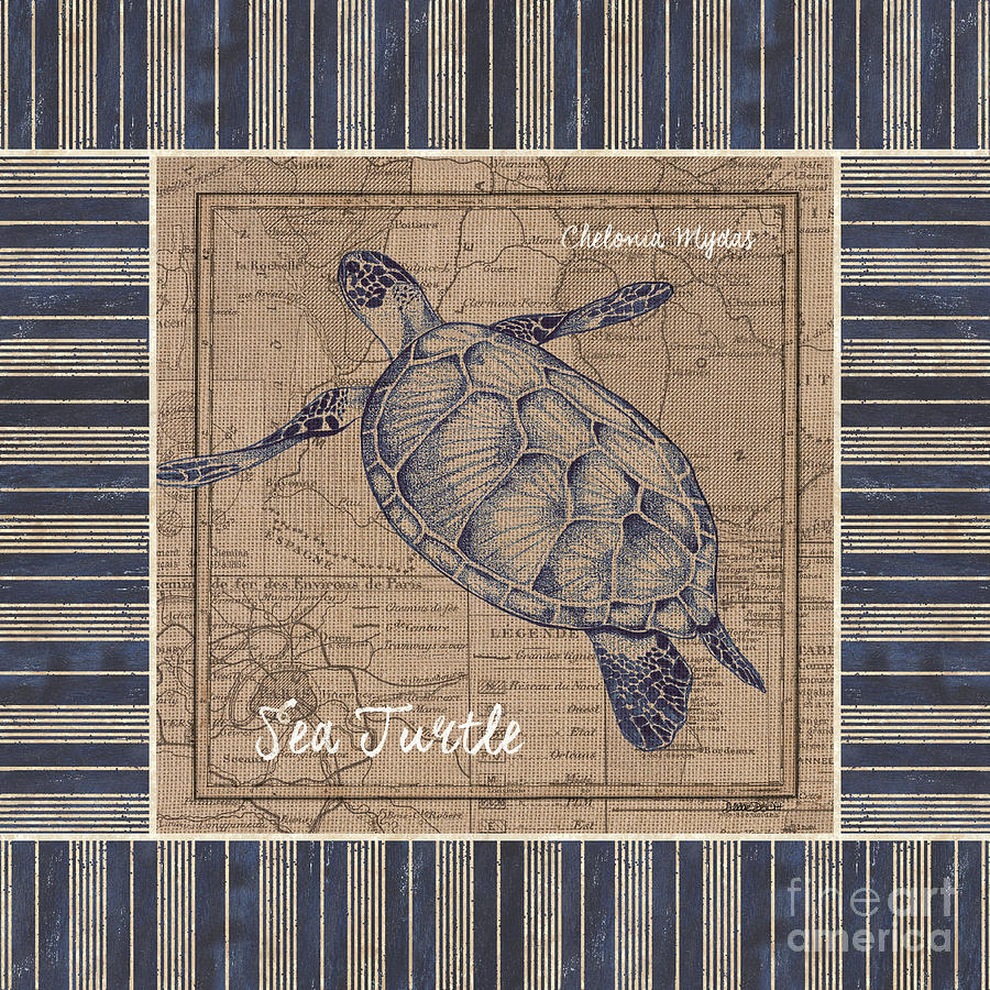 Turtle Painting - Nautical Stripes Sea Turtle by Debbie DeWitt