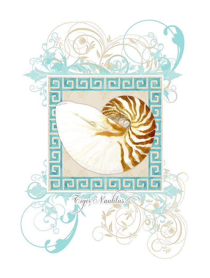 Nautilus Shell Greek Key w Swirl Flourishes Painting by Audrey Jeanne Roberts