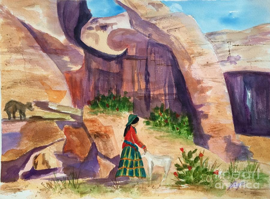Navajo Woman and Sheep Painting by Ellen Levinson