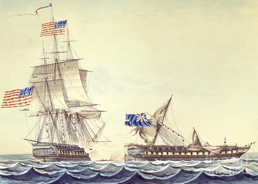 Naval engagement between the USS Frigate Constitution and HMS Frigate Java Painting by Montardier