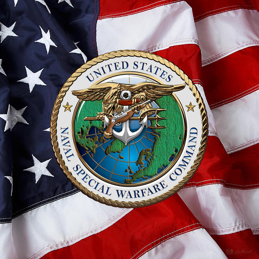 Naval Special Warfare Command - N S W C - Emblem over U. S. Flag  Digital Art by Serge Averbukh