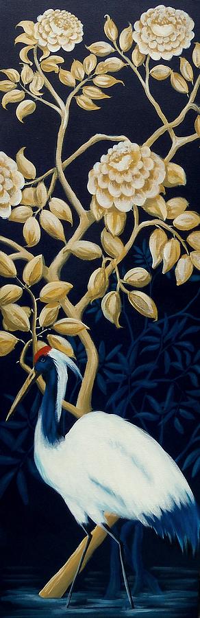 Navy Blue Gold Crane Oriental decor Painting by Debbie Criswell