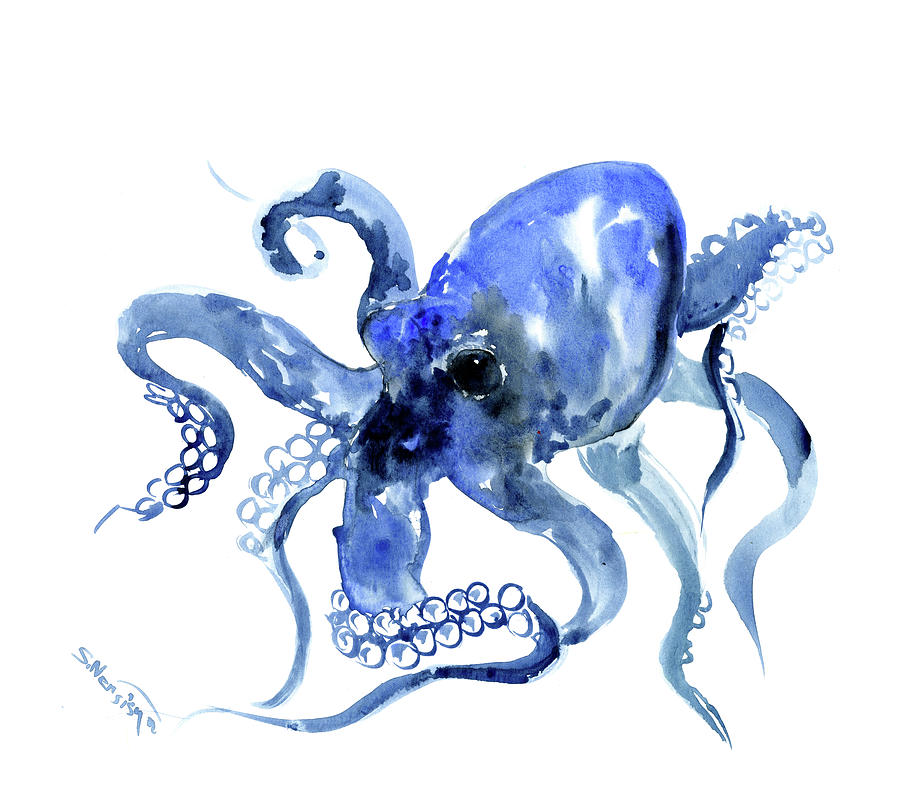 Navy Blue Octopus Artwork Painting by Suren Nersisyan