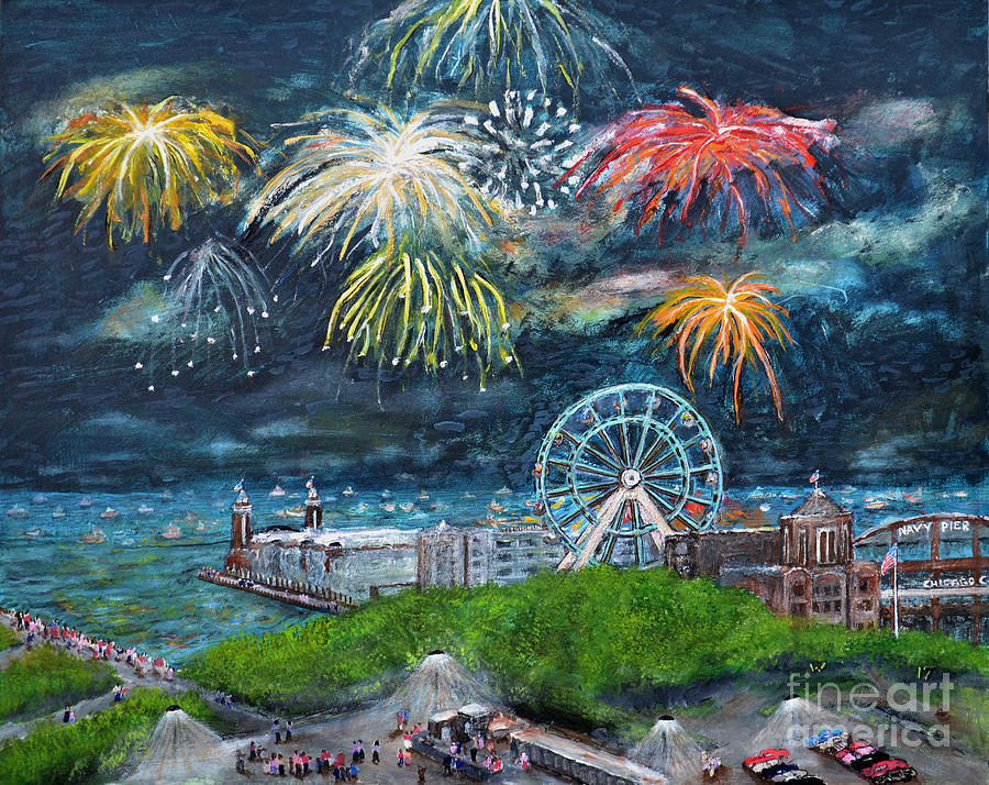 Navy Pier Fireworks Painting by Richard Wandell