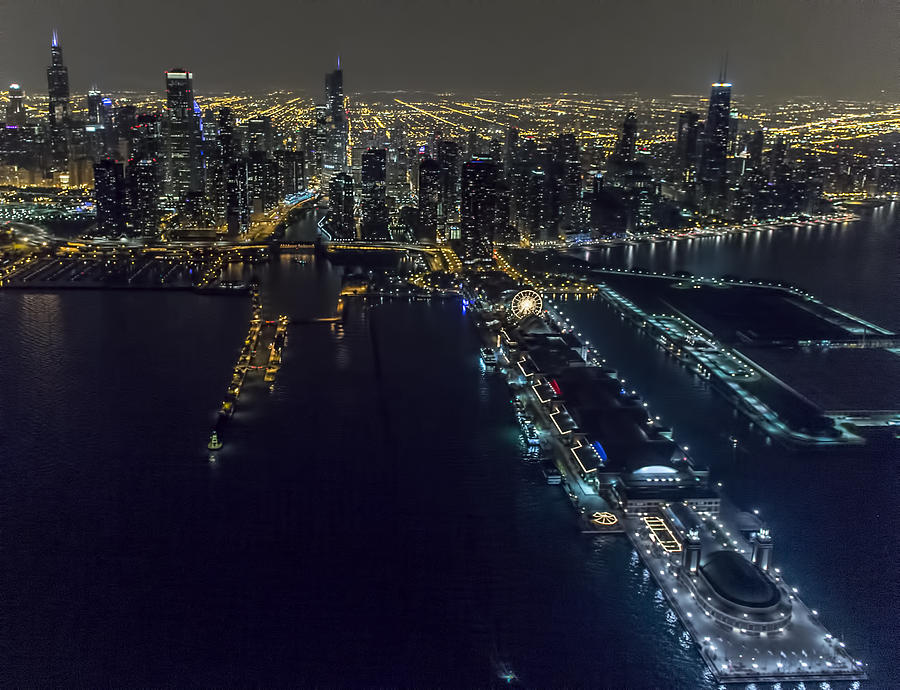 Navy Pier in Chicago Aerial Photo at Night Photograph by David Oppenheimer