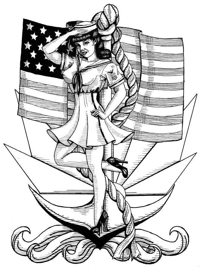 Navy Pin Up Girl Drawing by Scarlett Royale