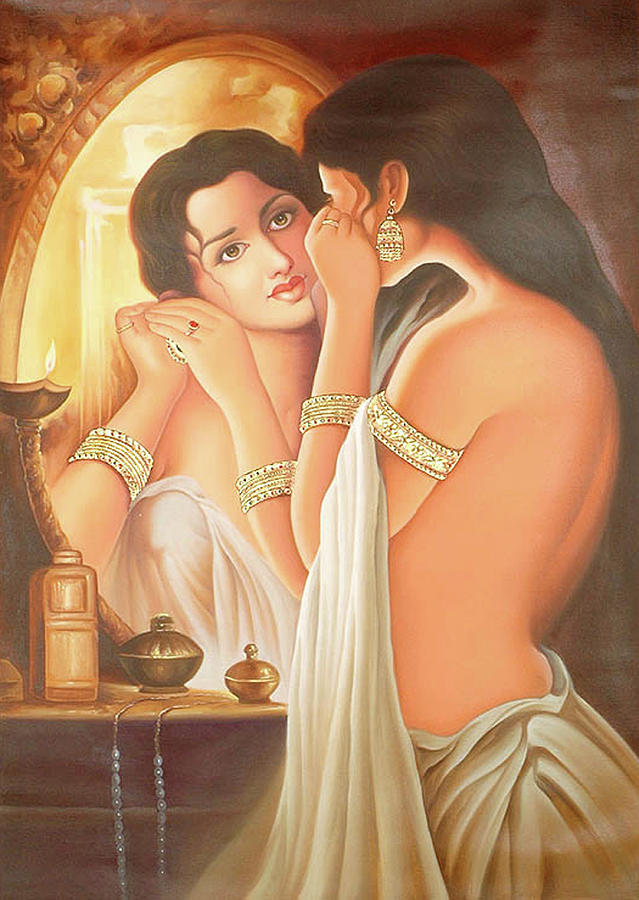 Nayika Dressing Herself,Beautiful Nude Girl, Mirror Image, Oil Painting On Canvas. Painting by O P Gehan