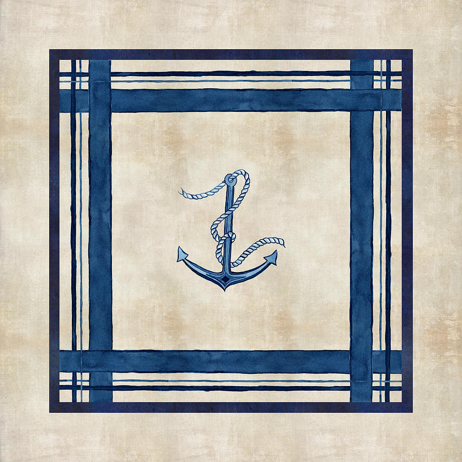 Indigo Ocean - Nautical Anchor Watercolor Stripes Painting by Audrey Jeanne Roberts