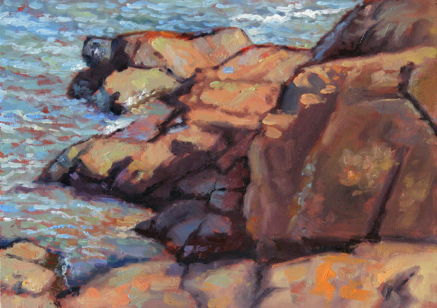 Landscape Painting - NE Rocks n Surf- Presque Isle Park- Plein air by Larry Seiler