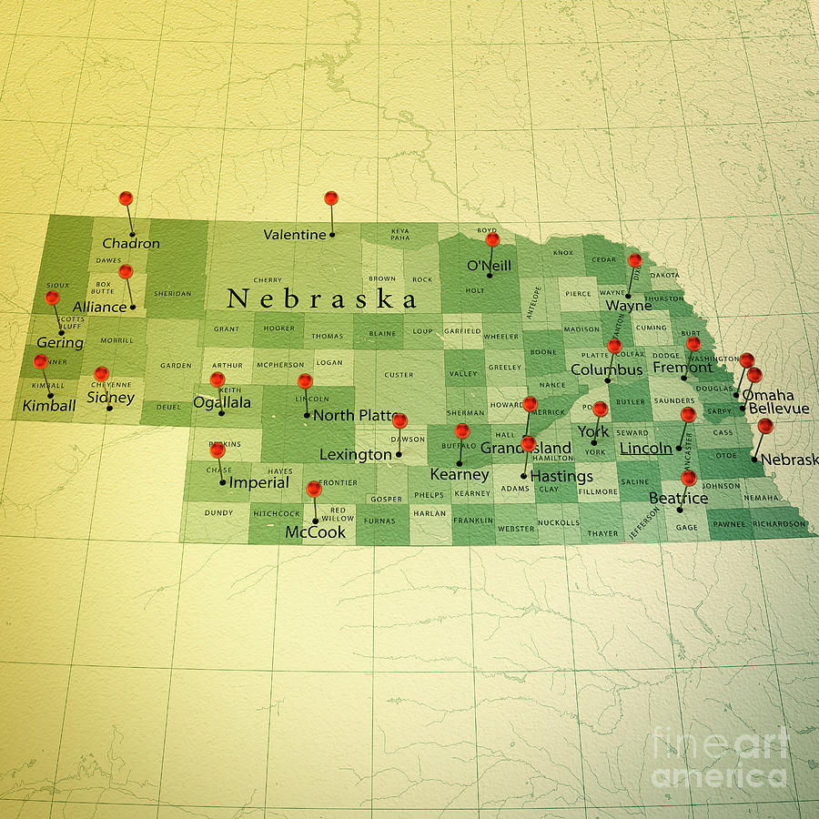 Nebraska Map Square Cities Straight Pin Vintage Digital Art by Frank Ramspott