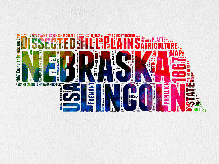 Nebraska Map Digital Art - Nebraska Watercolor Word Cloud  by Naxart Studio