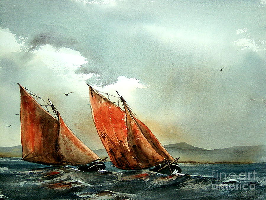 Boat Painting - Neck and neck on Galway Bay by Val Byrne