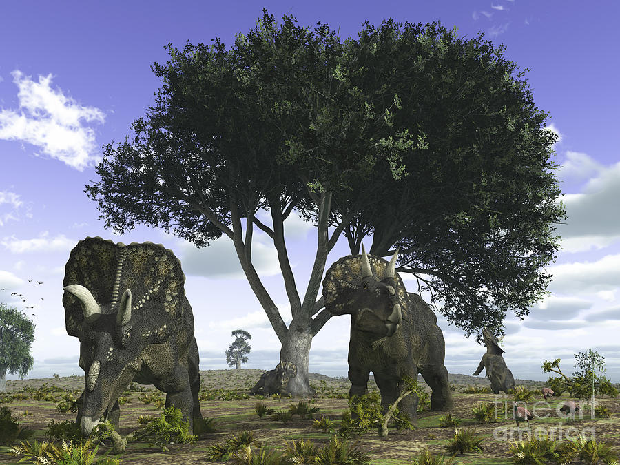 Dinosaur Digital Art - Nedoceratops Graze Beneath A Giant Oak by Walter Myers
