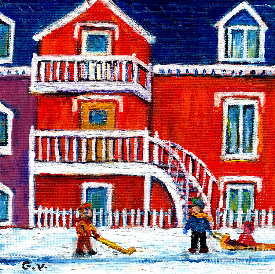 Neighborhood Fun In The Winter Montreal Street Scene Painting Painting by Grace Venditti